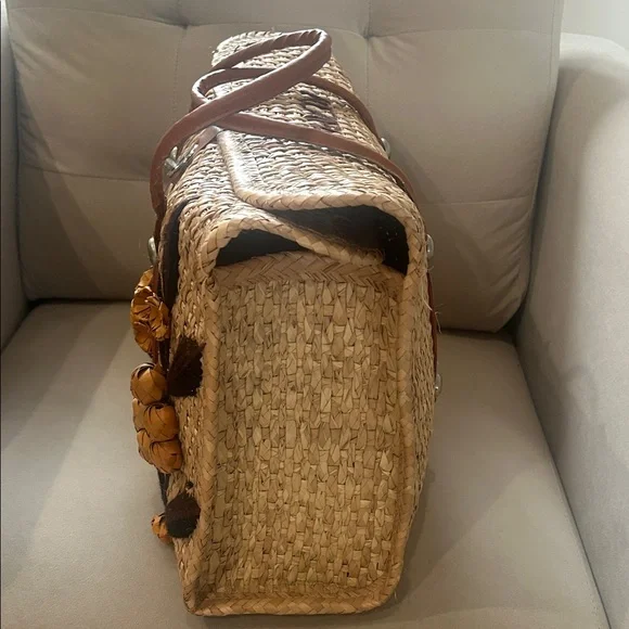 Woven Straw Tote Bag with Brown Leather Trim and Floral Accents -Acapulco - Picture 4 of 13